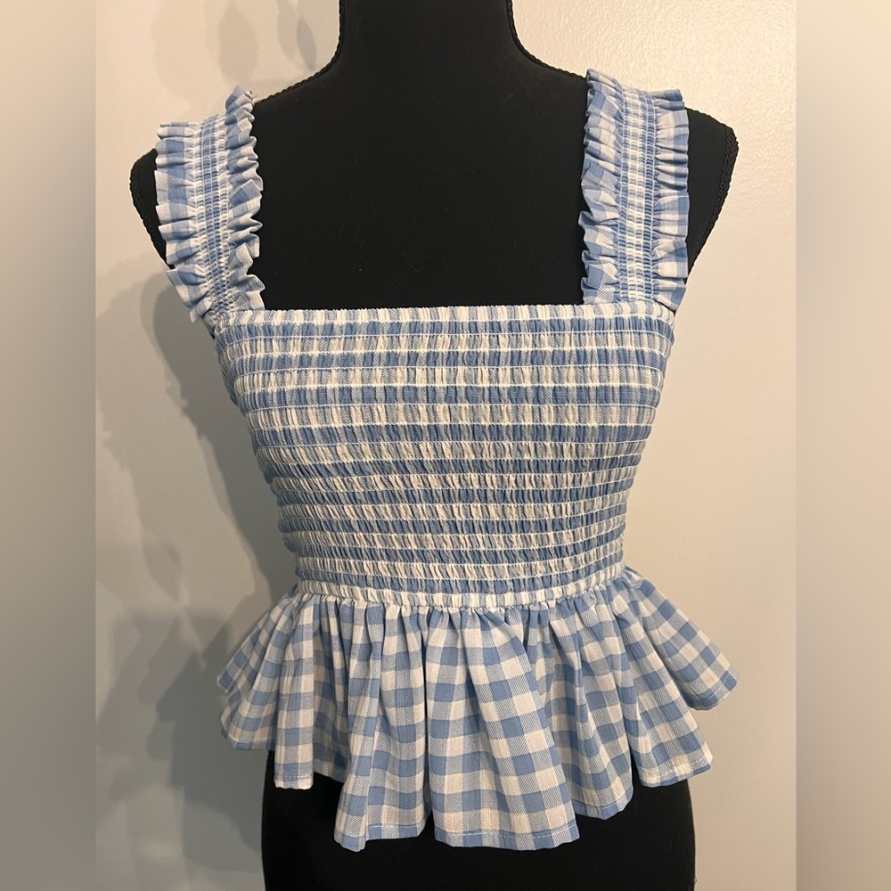 3/$15 Blue Gingham Smocked Peplum Forever 21 Top size small